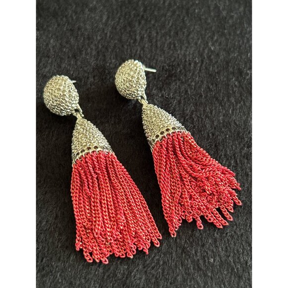 Unbranded Jewelry - Silver & Red Tassel Chain Drop Earrings Statement Jewelry 2.5" Vintage Style
